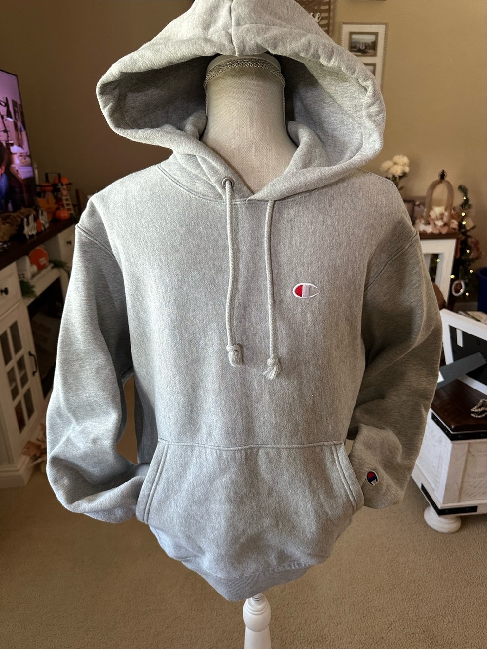 Champion Light Gray Hooded Sweatshirt with Small Logo